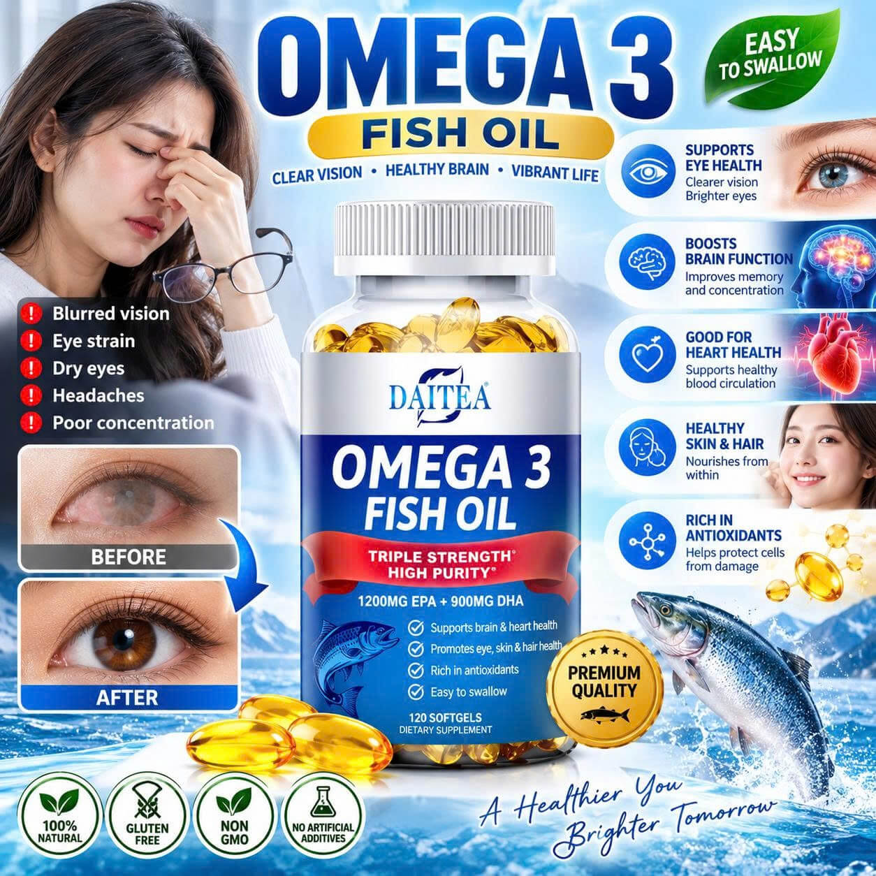 Triple Strength Omega 3 Fish Oil — 30 Capsules / 1 Bottle