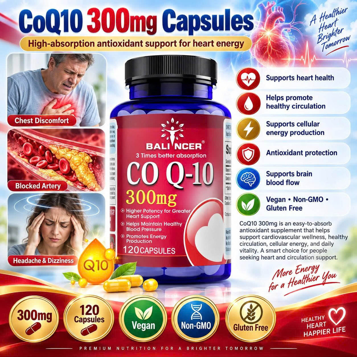 CoQ10 300mg Heart & Energy Support — 30 Capsules / 1 Bottle